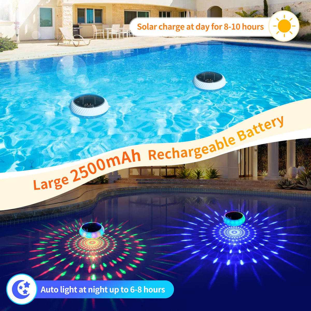 FirstE Solar Floating Pool Lights tether loops secure placement away from skimmers