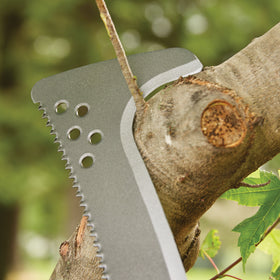 Fiskars Billhook Saw coarse edge handles fibrous plants and woody stems.