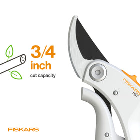 Fiskars bright white pruner design helps locate quickly in the garden.