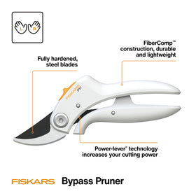 Fiskars pruner with FiberComp handle reduces fatigue during long gardening tasks.