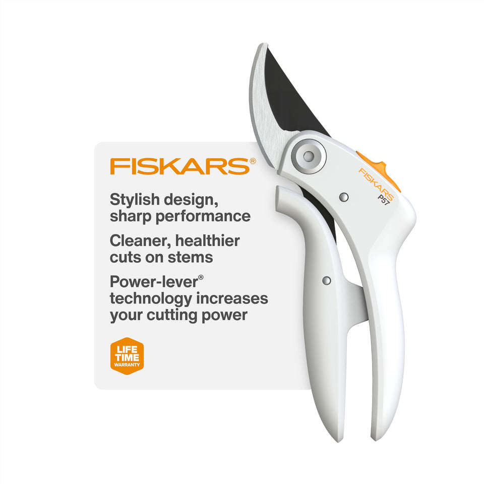 Fiskars Bypass Pruner PowerLever with lightweight handle for effortless pruning.