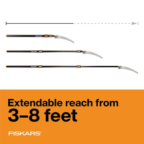 Fiskars Extendable steel pole pruner in use for reach pruning