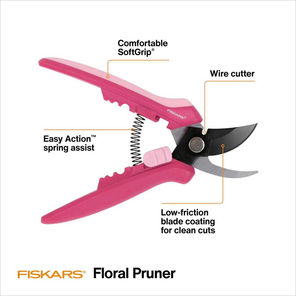 Fiskars Floral Pruner bypass blade close-up highlights smooth cuts
