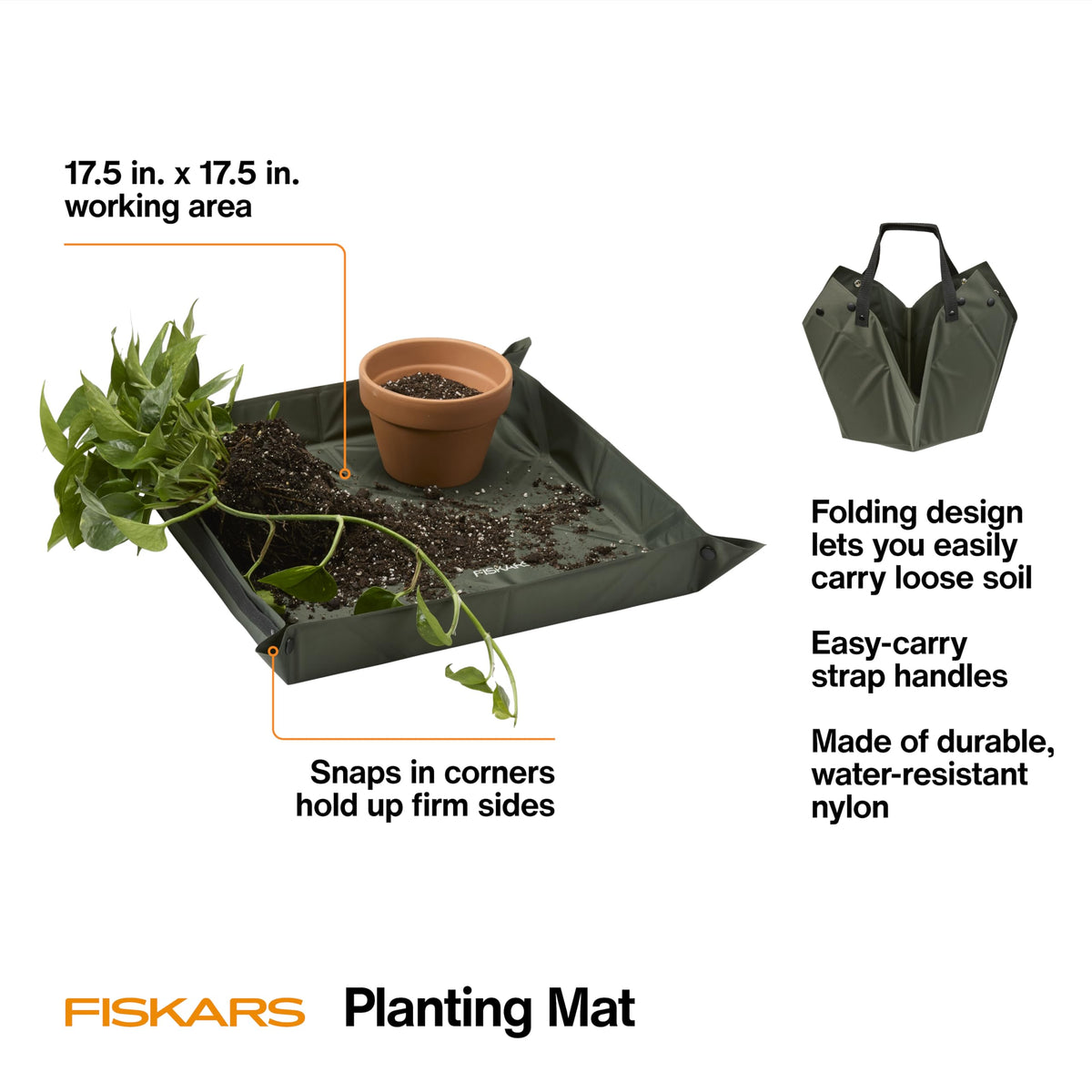 Fiskars Planting Mat with snap-up sides containing soil during potting