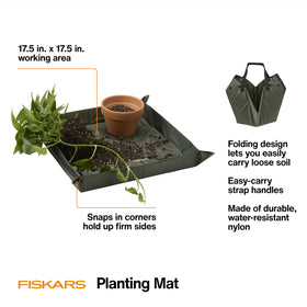 Fiskars Planting Mat with snap-up sides containing soil during potting