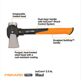 Fiskars Pro IsoCore Maul kindling-splitter ideal for camping or backyard chores.