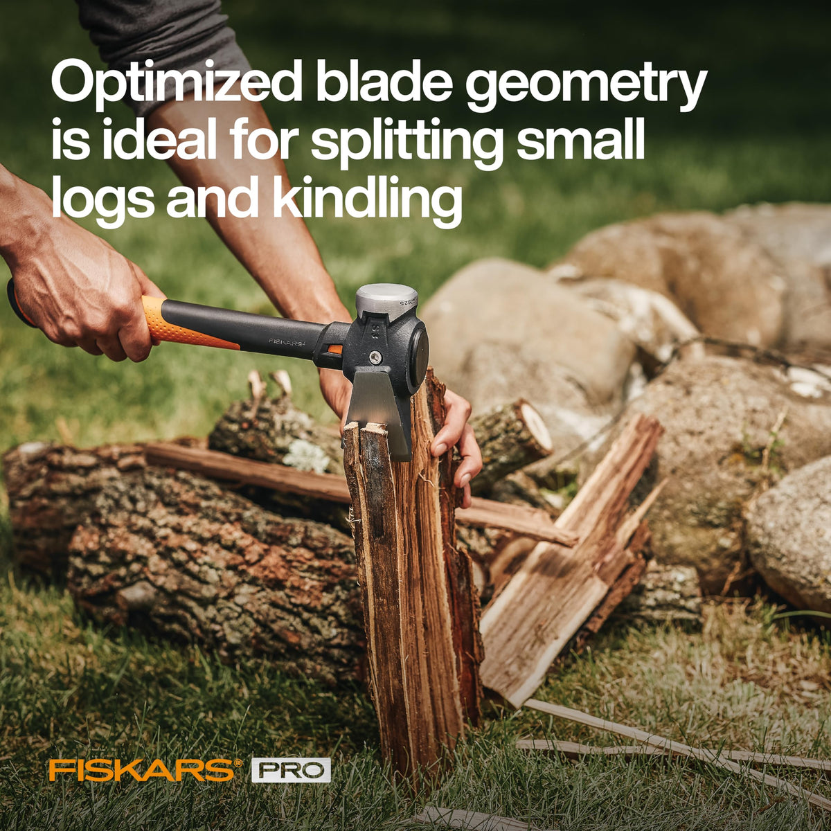 Fiskars Pro IsoCore Maul handles small logs efficiently in outdoor fire pits.