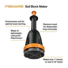 Fiskars Soil Block Maker three-inch block ready for larger seeds and transplant starts