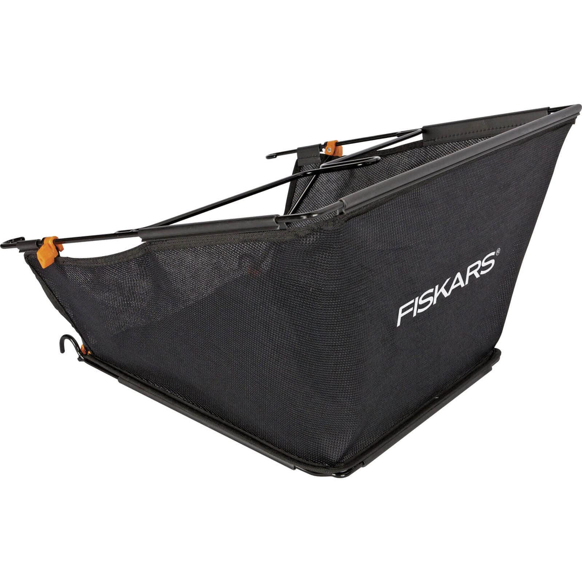 Fiskars StaySharp grass catcher front view with easy, tool-free attachment.