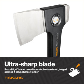 Fiskars Ultra Universal Axe U14 fibercomp-shaft offers light, durable support.