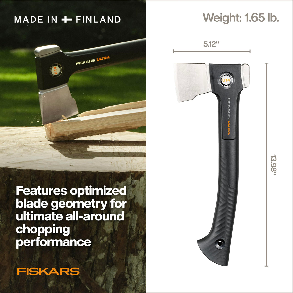 Fiskars Ultra Universal Axe U14 protective-sheath for safe transport.