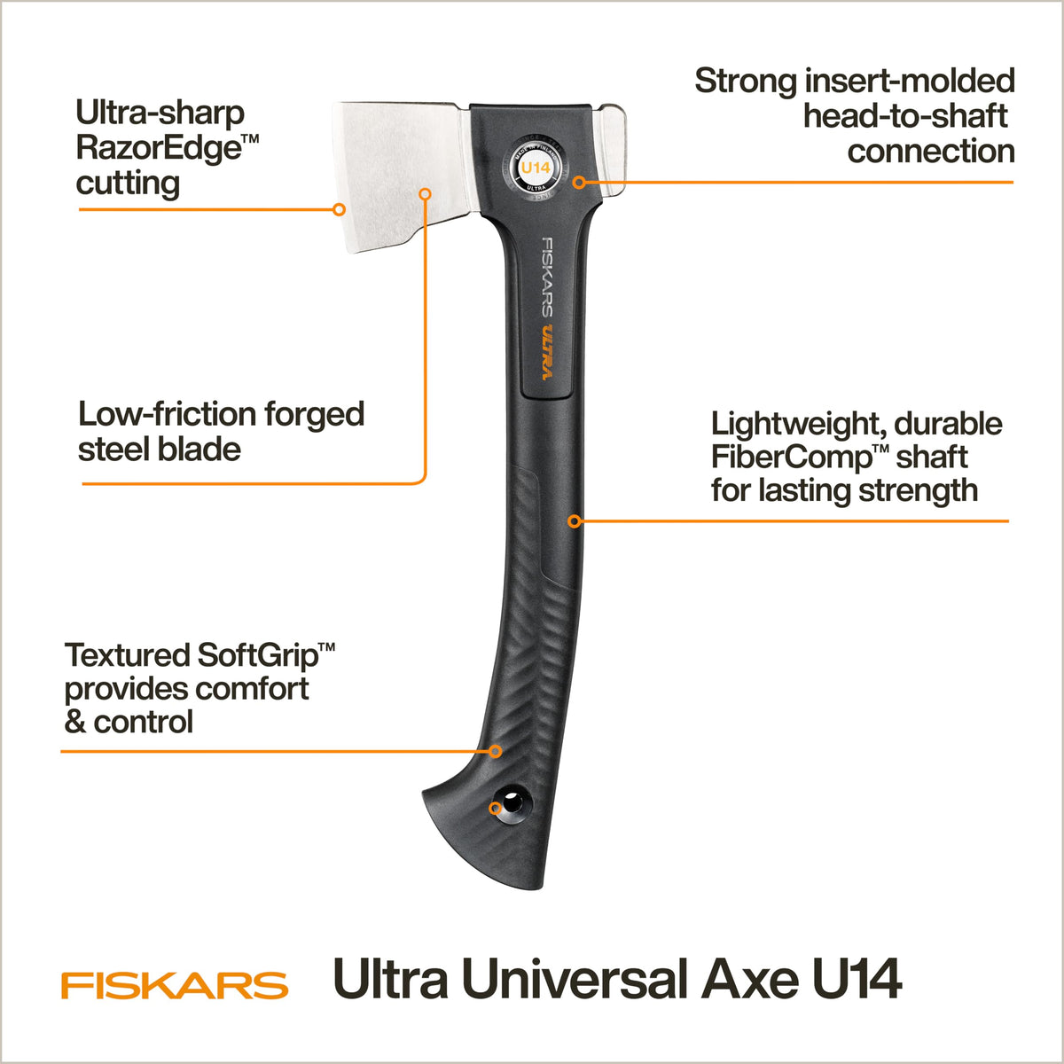 Fiskars Ultra Universal Axe U14 softgrip-handle for comfortable, controlled swings.