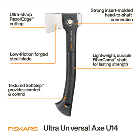 Fiskars Ultra Universal Axe U14 softgrip-handle for comfortable, controlled swings.
