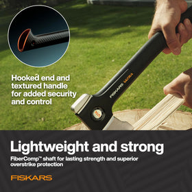 Fiskars Ultra Universal Axe U14 toughcoat-blade reduces friction and wear.