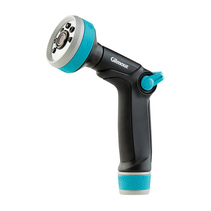 Fiskars watering nozzle with swivel connection reduces hose twisting and kinks.