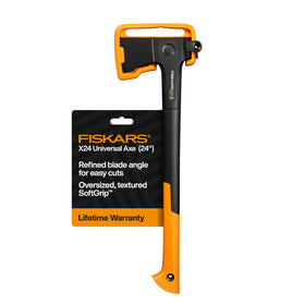 Fiskars X24 blade close-up highlighting a sharp edge for clean cuts in resinous wood