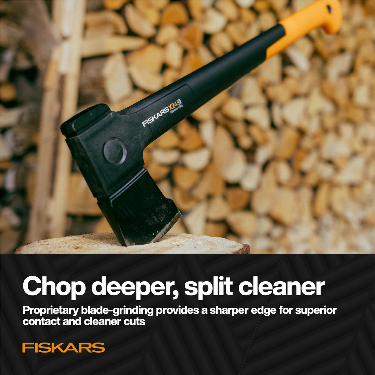 Fiskars X24 during chopping action in resinous wood demo