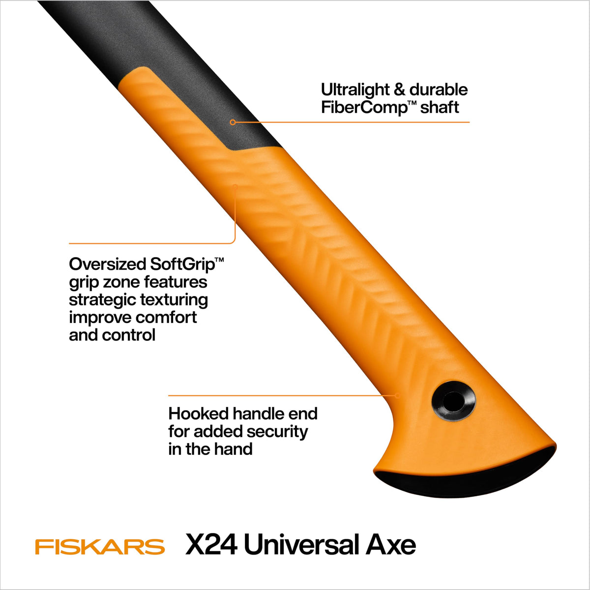 Fiskars X24 softgrip handle with texturing for secure, comfortable swings