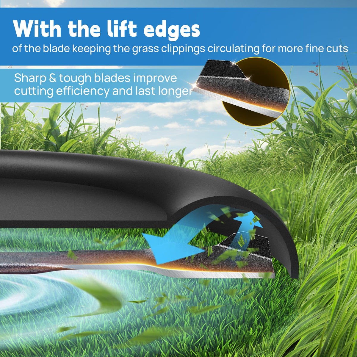 Fismiuta 21-inch air lift 32 mm height reduces clogs during mowing.