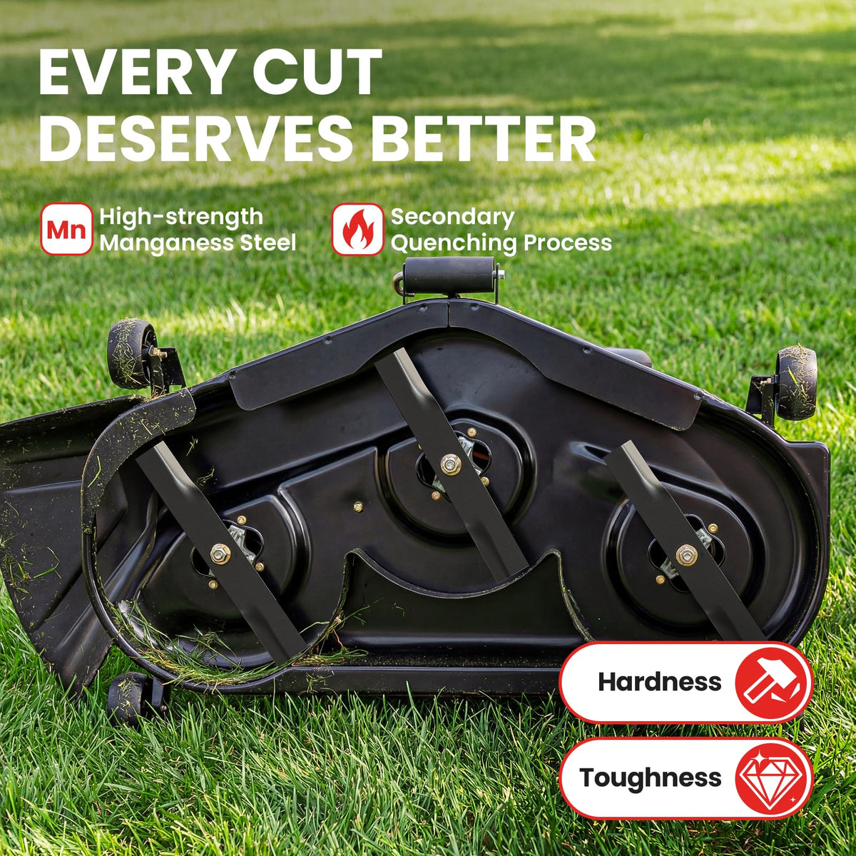 Fismiuta blades support bagging and clipping performance on dense turf.