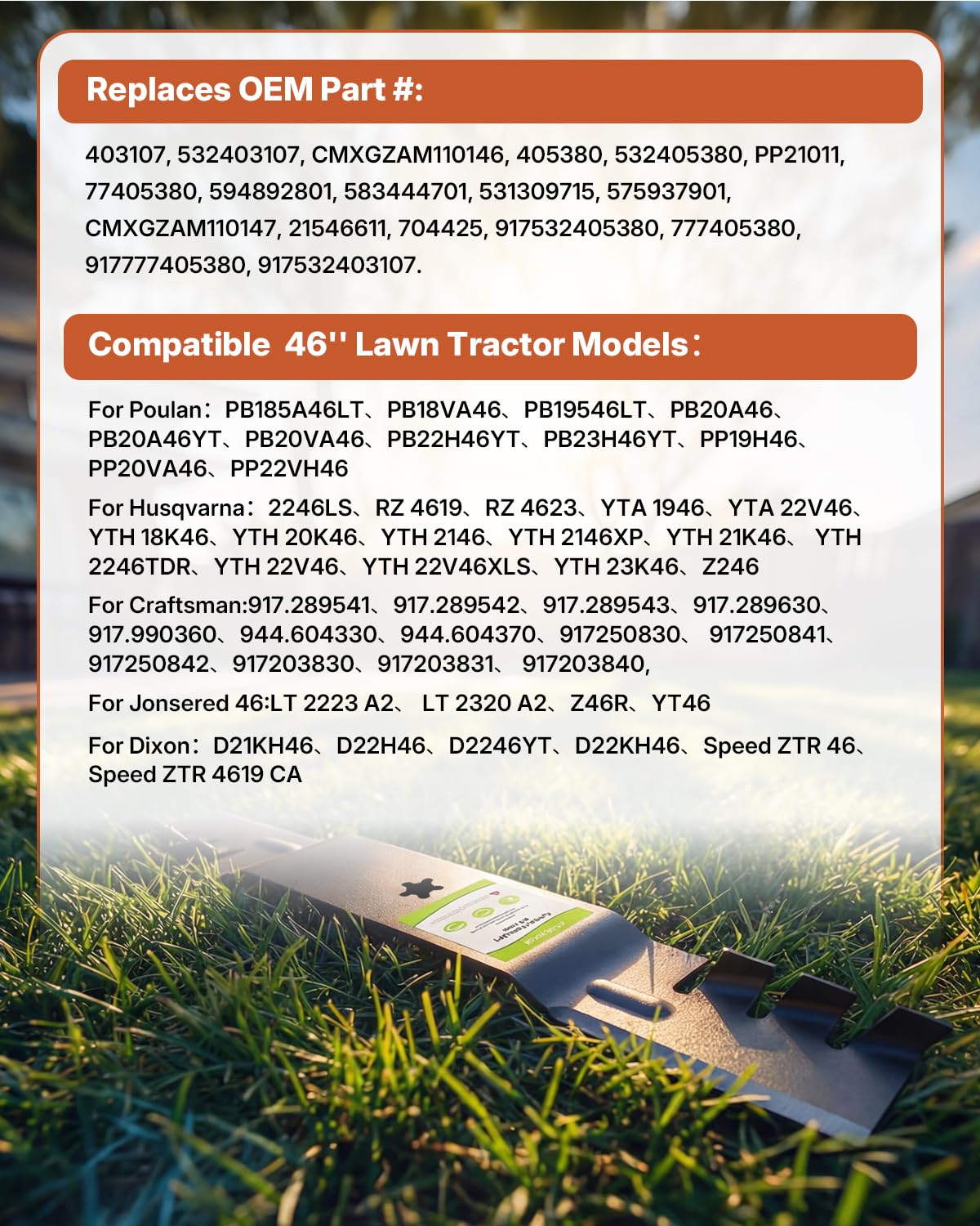 Fismiuta Husqvarna 46-inch blade fitment demonstrates compatibility for easy replacement and reliable mowing