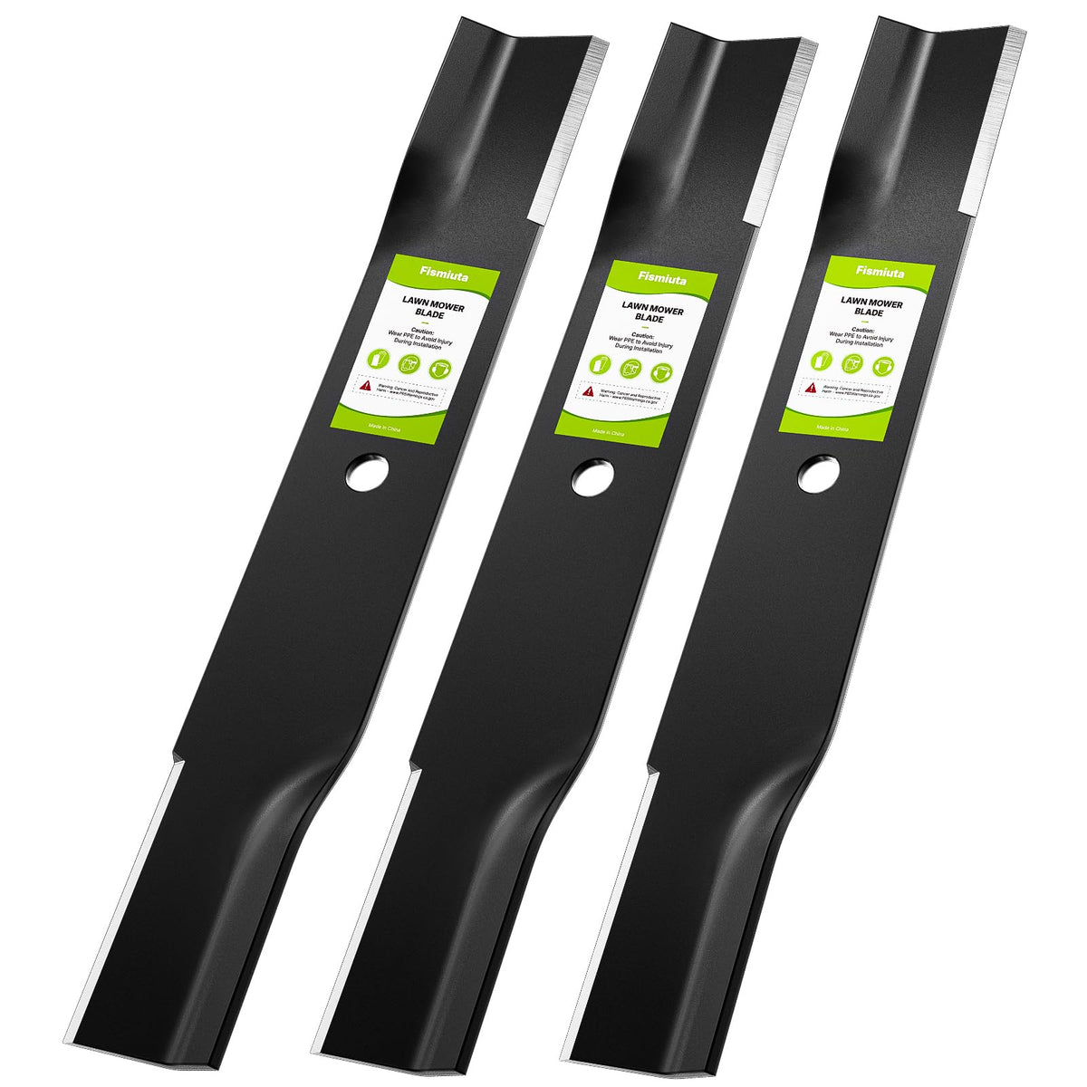 Fismiuta mower blades assembly showing the three-pack ready for Toro compatibility.