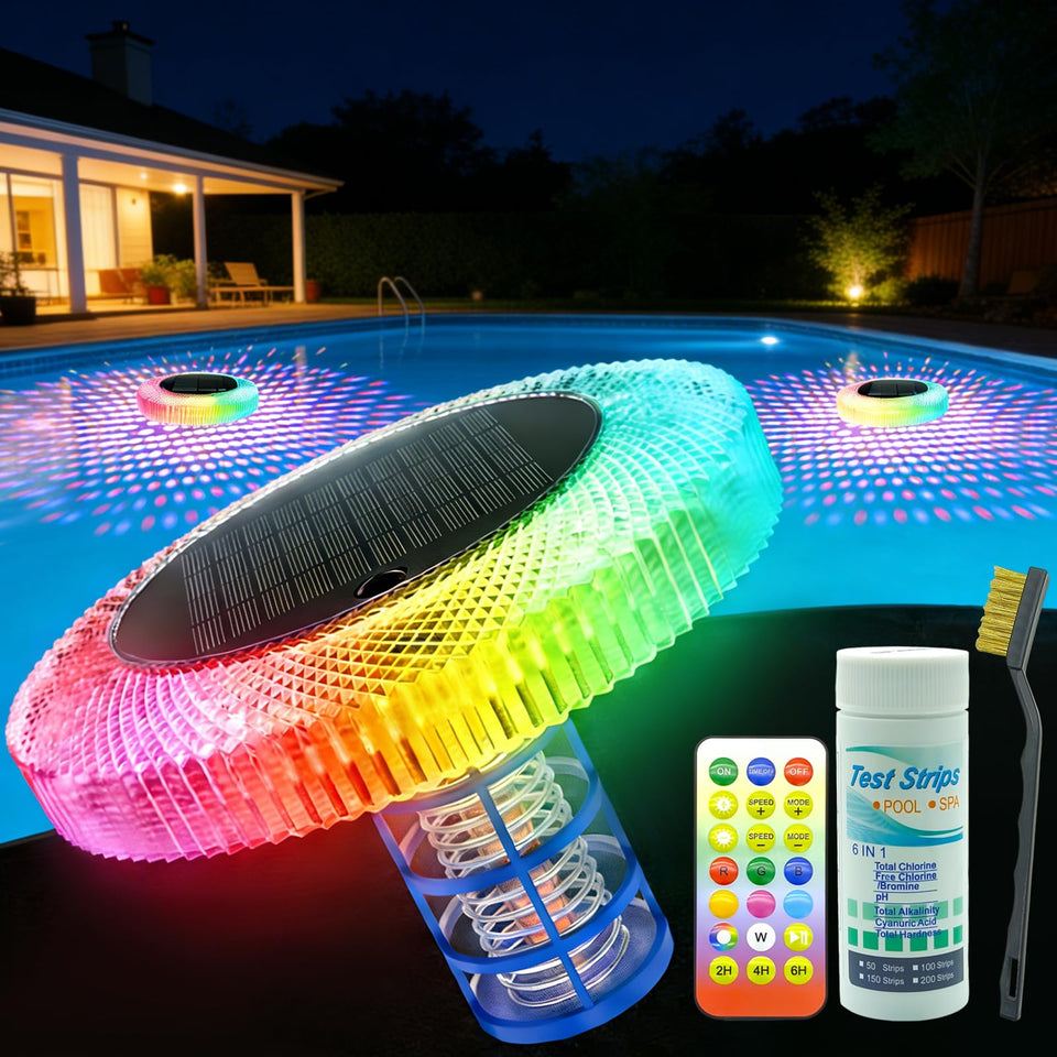 Fistone solar pool ionizer LED light powering night swim ambience.
