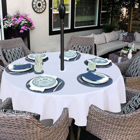 Fitable round waterproof tablecloth on a patio setup