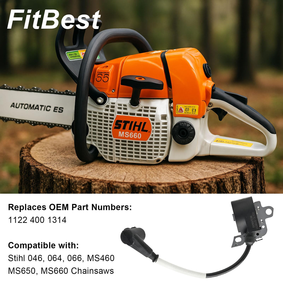 FitBest ignition coil for Stihl064 detailed view highlights broad model compatibility for DIY maintenance.