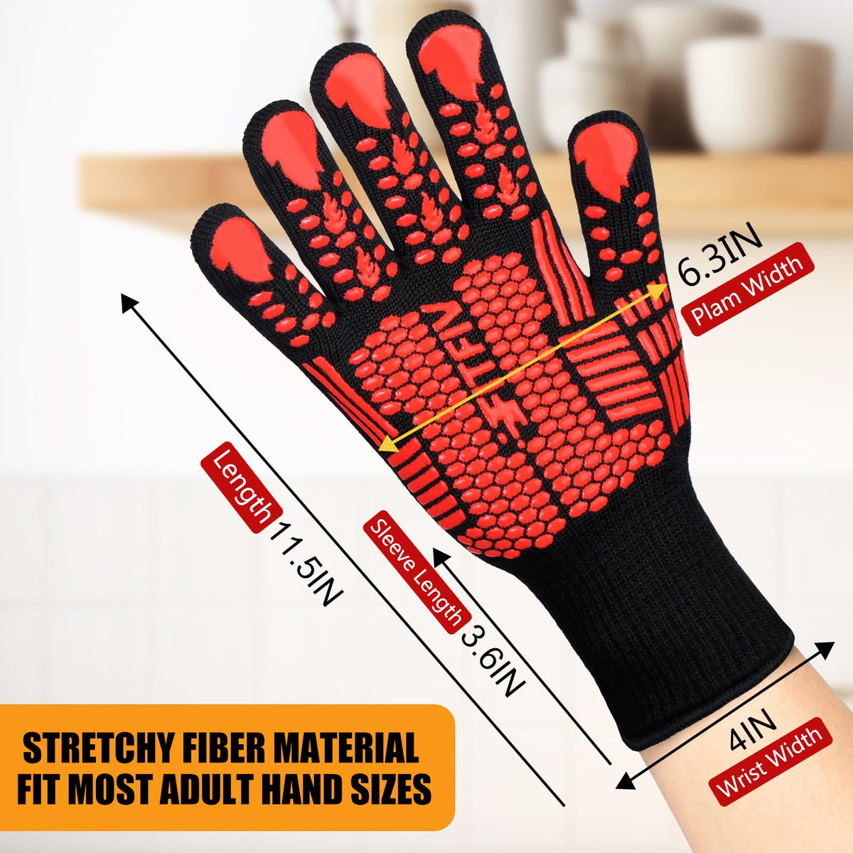 FITFIV BBQ gloves feature a non-slip silicone grip for confident handling.