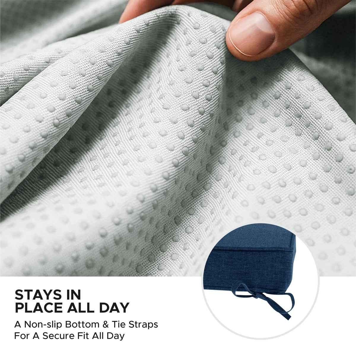Fitfree cushion with non-slip bottom secured to outdoor furniture
