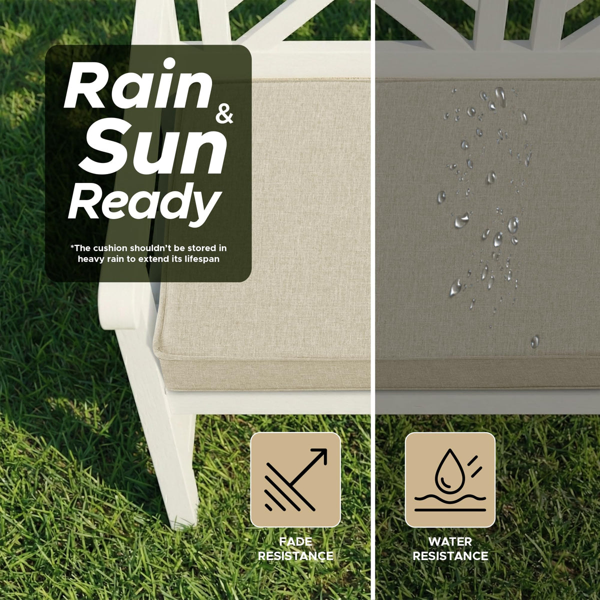 Fitfree cushion shows non-slip bottom and tie straps for secure placement.