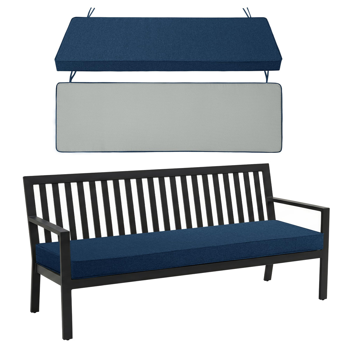 Fitfree navy outdoor bench cushion on a patio bench in water-resistant fabric for year-round use