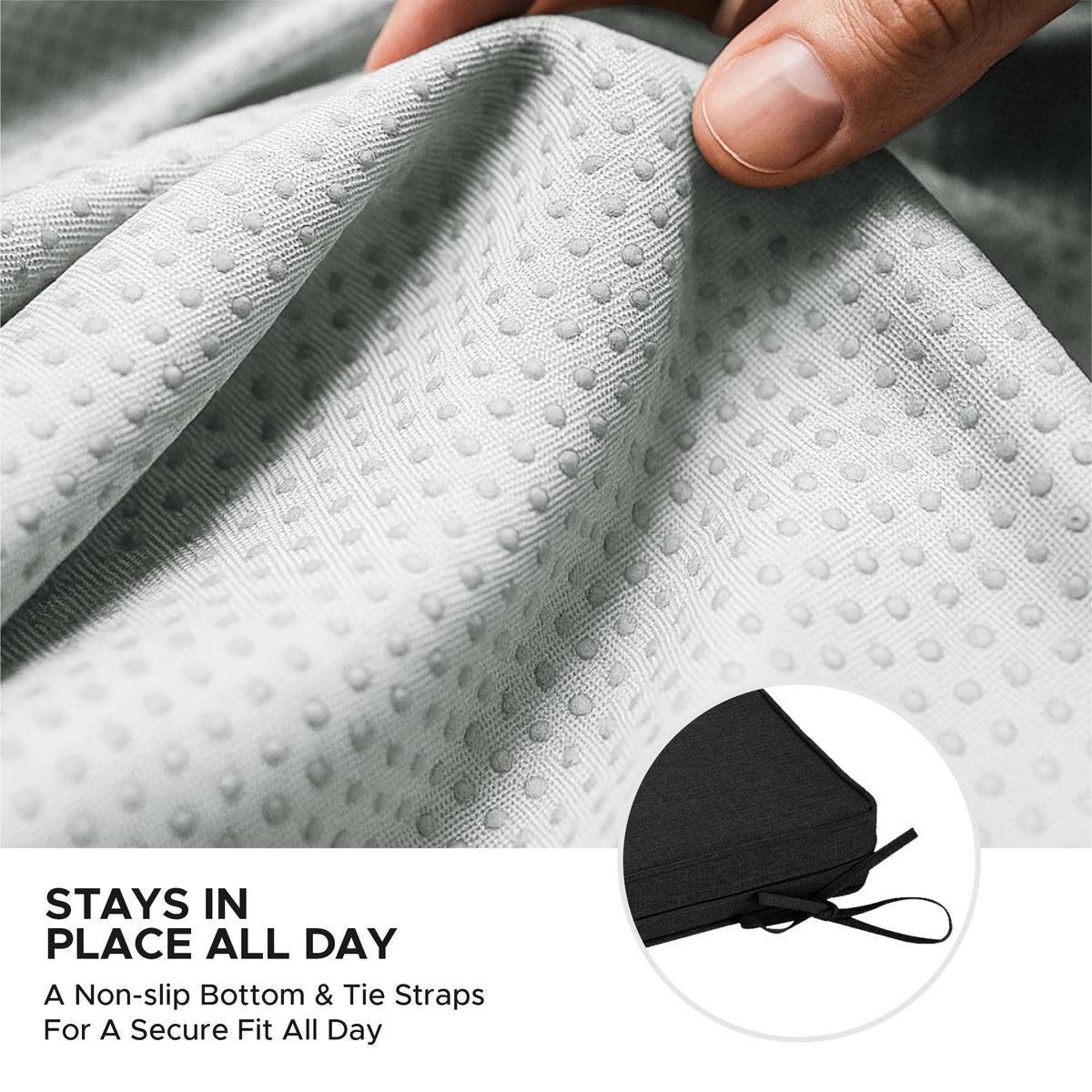 Non-slip bottom secures cushion on wood, metal, or wicker