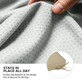 Non-slip bottom and tie straps keep the cushion secure on various furniture types.