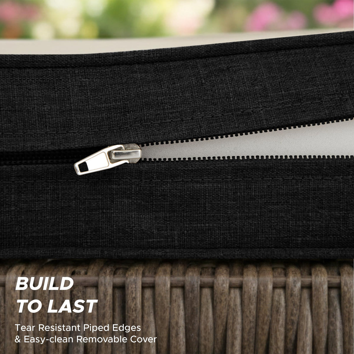 Cushion ties keep it in place on outdoor benches