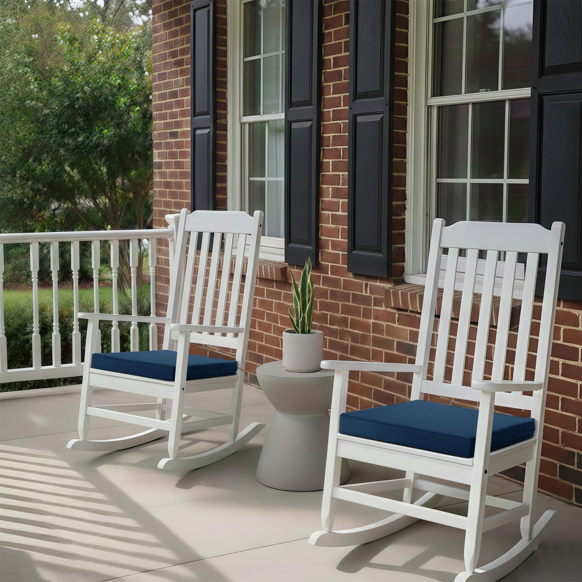 Fitfree navy blue 22x22 chair cushion on porch chair for comfortable dining