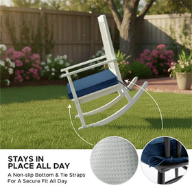Tie straps on Fitfree navy blue chair cushion securing it on outdoor furniture