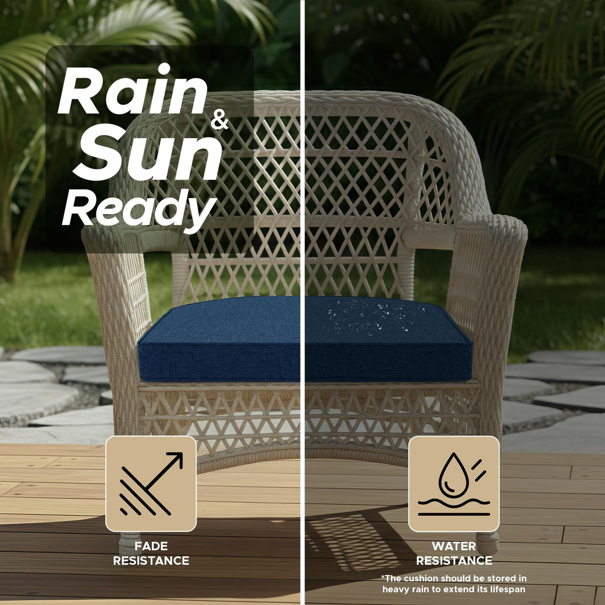 Two Fitfree navy cushions on garden chairs providing firm comfort and support.