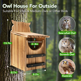 Fitraho cedar owl-nesting-box entrance-hole highlights safe access