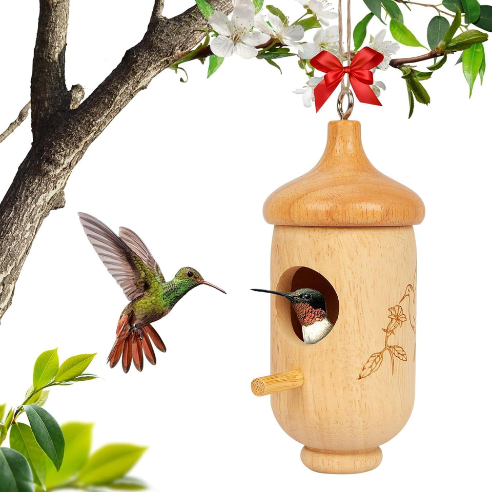 Fitraho hummingbird house close-up with bow invites birds to perch and explore
