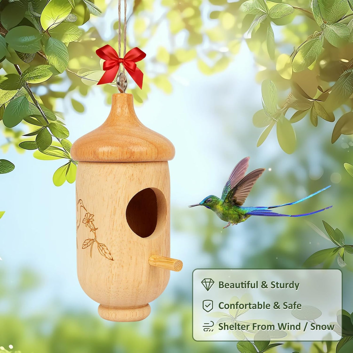 Fitraho hummingbird house red ribbon adds color and attraction