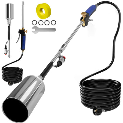 Fiulensyi propane torch with extended hose for outdoor weed control and larger-area heating.