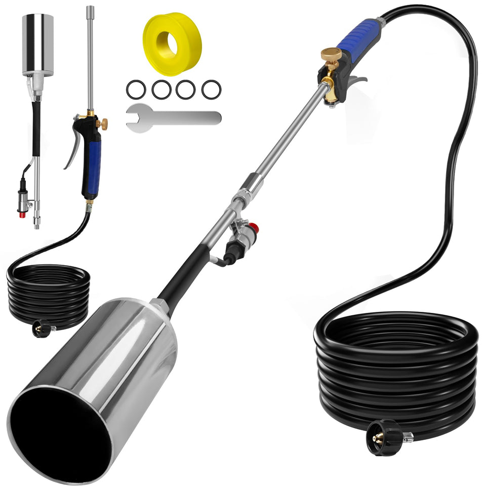 Fiulensyi propane torch with extended hose for outdoor weed control and larger-area heating.