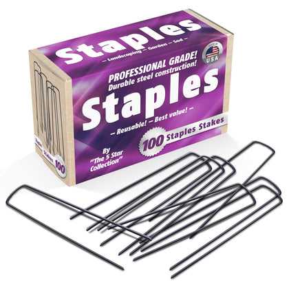 The 5 Star Collection 6-inch galvanized stakes anchor weed barrier securely.