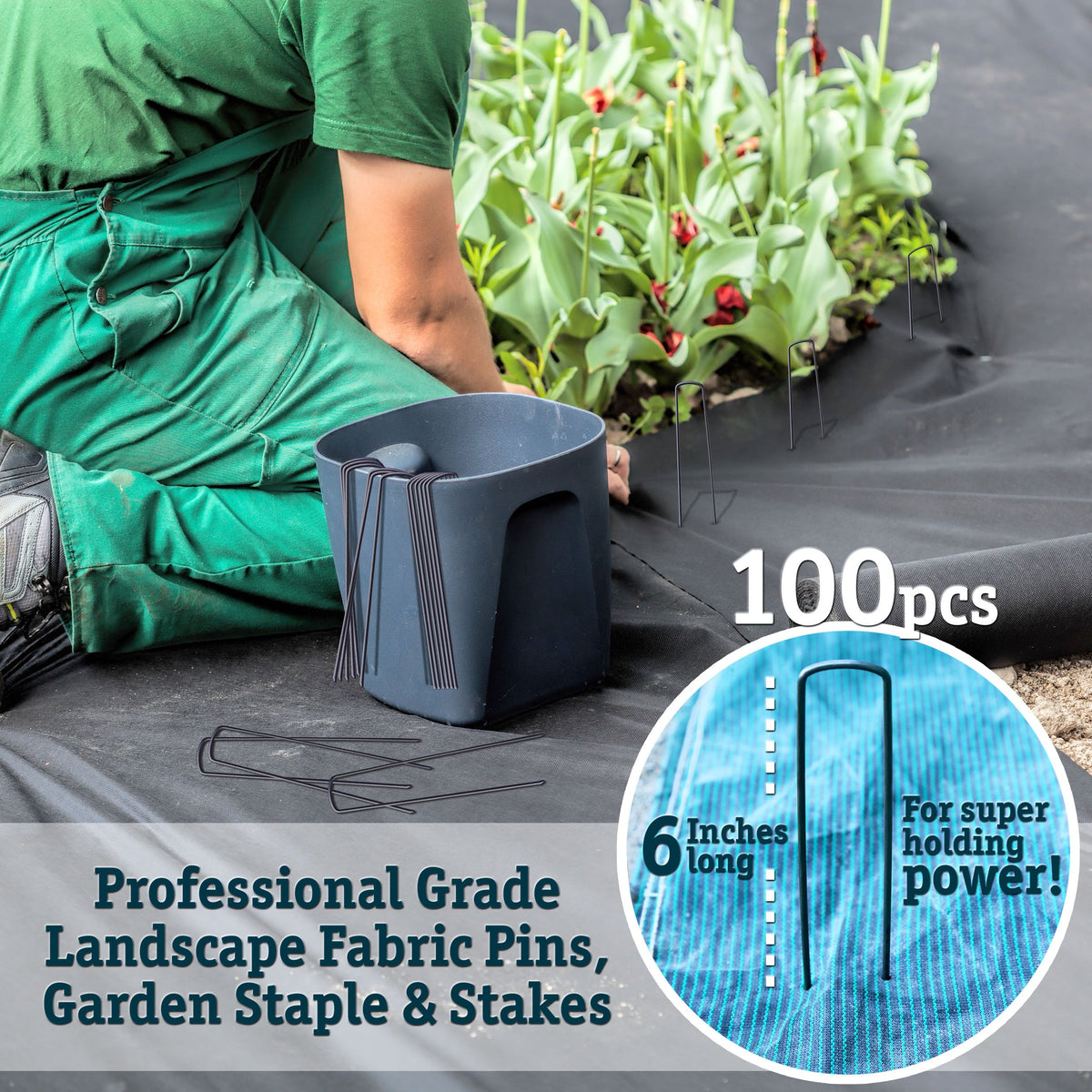 The 5 Star Collection 11-gauge stakes resist bending for durable landscape fabric anchoring.