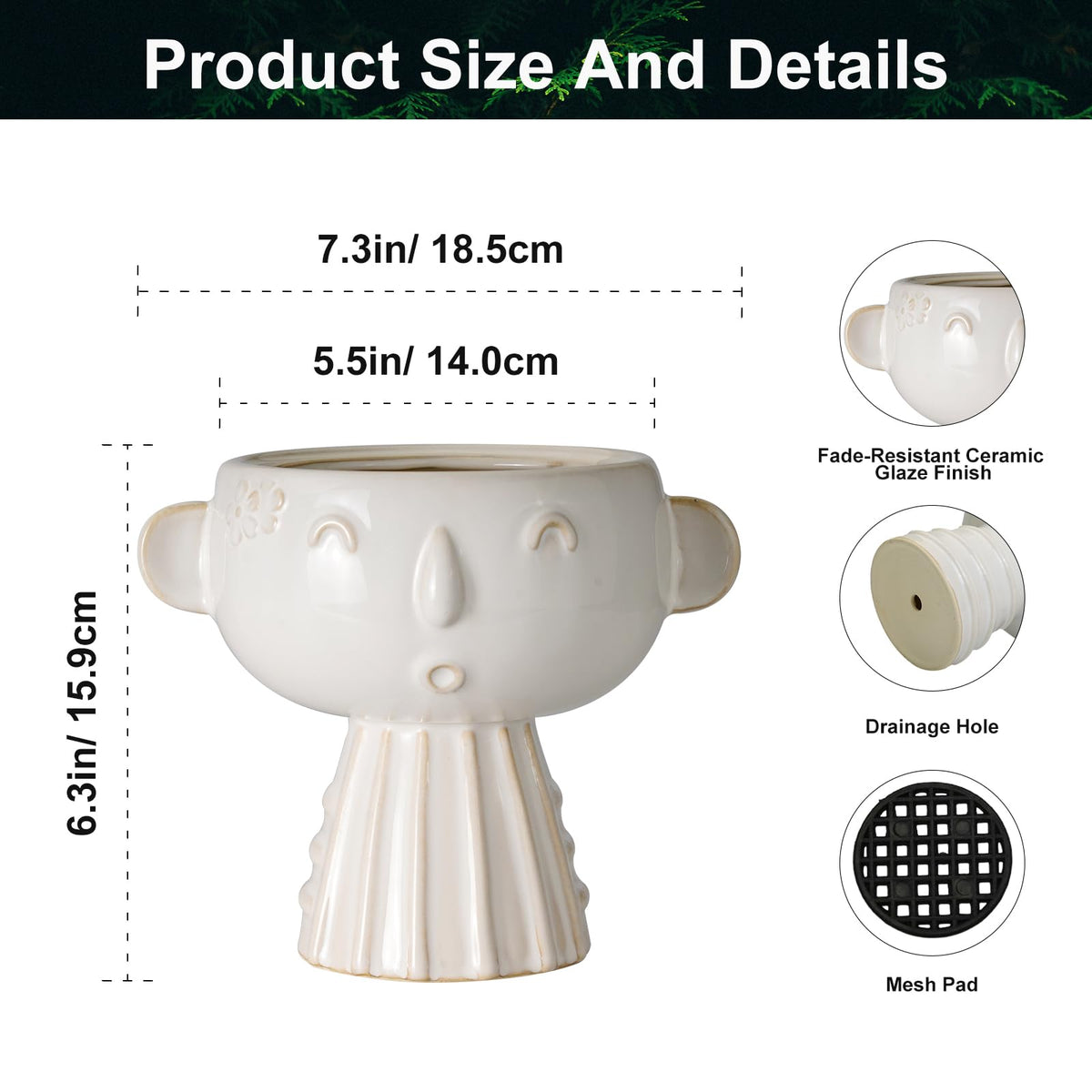 Fivepot face planter ceramic white glaze highlights bright colorfast finish.