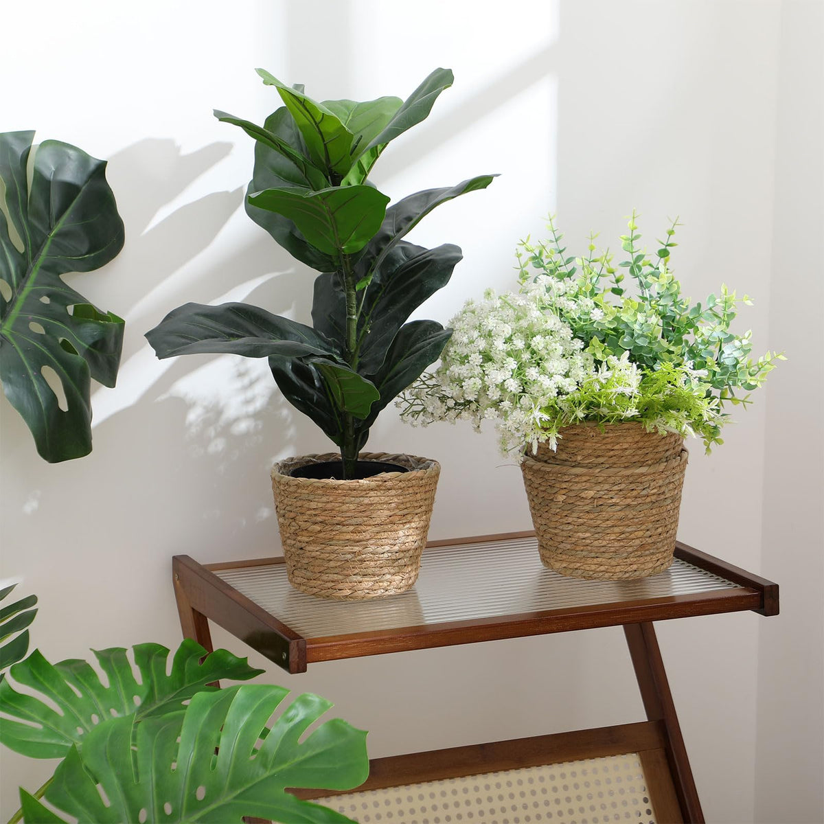 Fiwochic indoor outdoor planters shown on shelf for versatile decor.