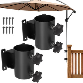 Fixirons deck umbrella mount on railing provides sturdy outdoor shade.