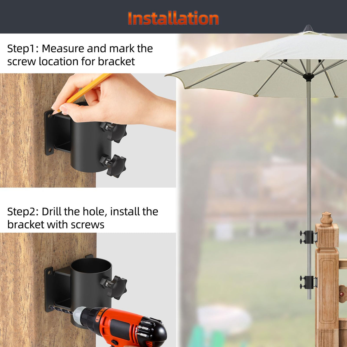 Fixirons easy-install bracket for umbrella with adjustable screws.